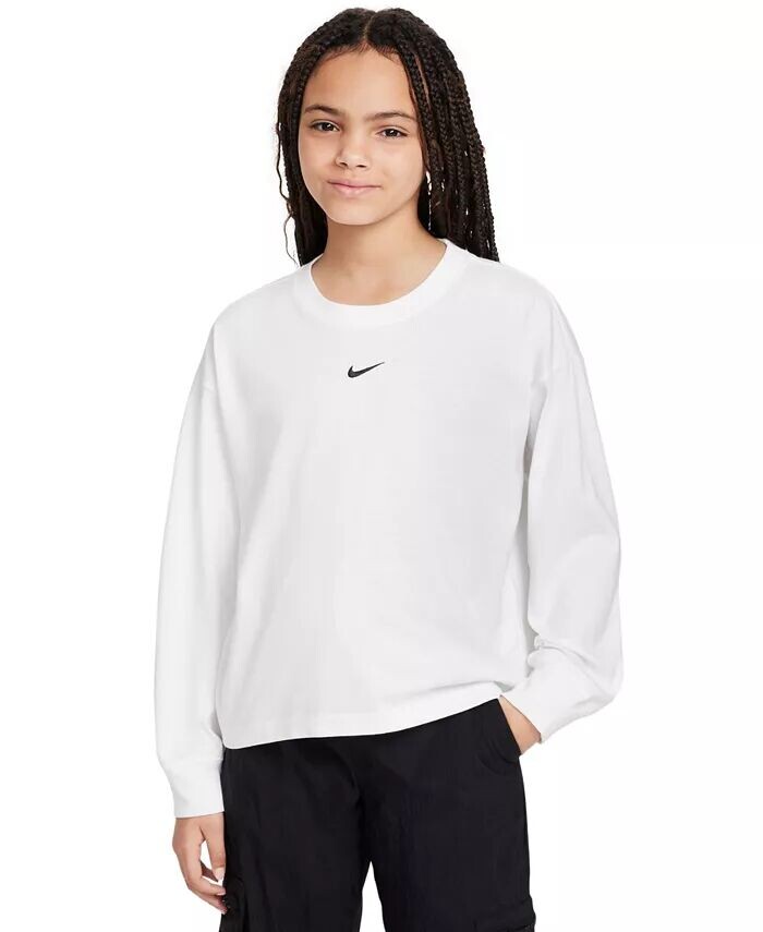 

Футболка с длинным рукавом для больших девочек, спортивная одежда Essential Nike, белый