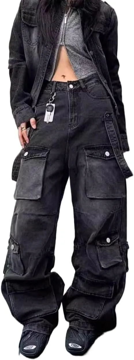 

POHADON Брюки-карго для женщин, прямые широкие джинсы