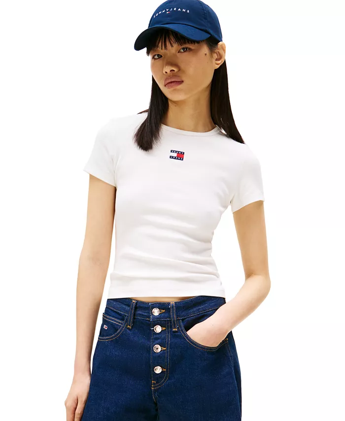 

Женская футболка с логотипом Badge Logo и ребристой фактурой Tommy Jeans, коричневый/бежевый