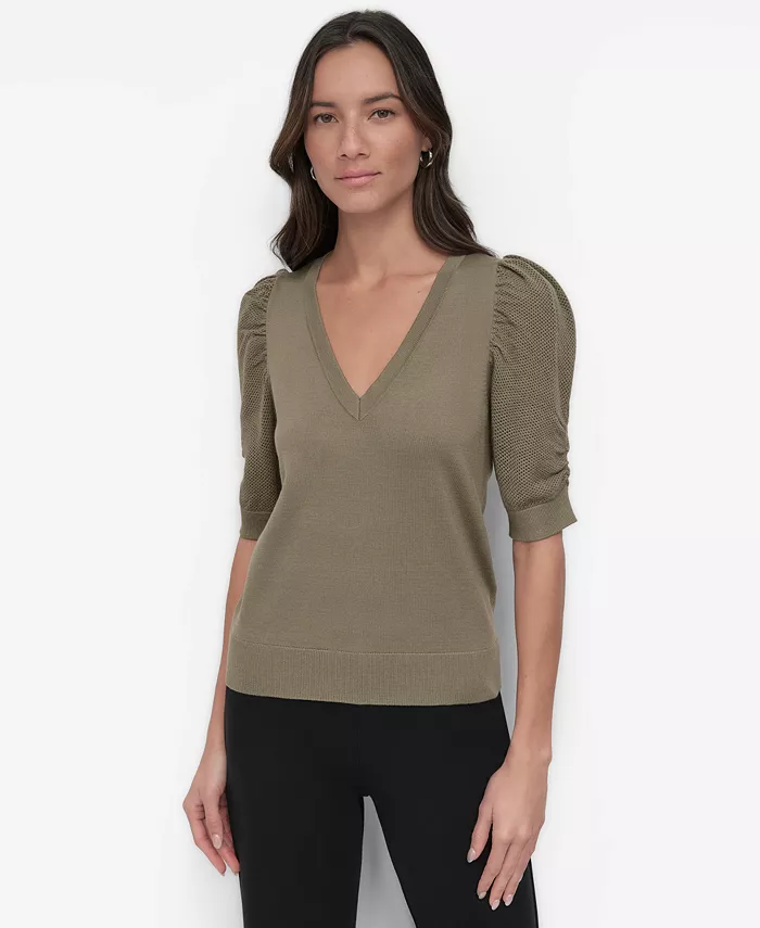 

Женский свитер с V-образным вырезом и пышными рукавами DKNY, зеленый