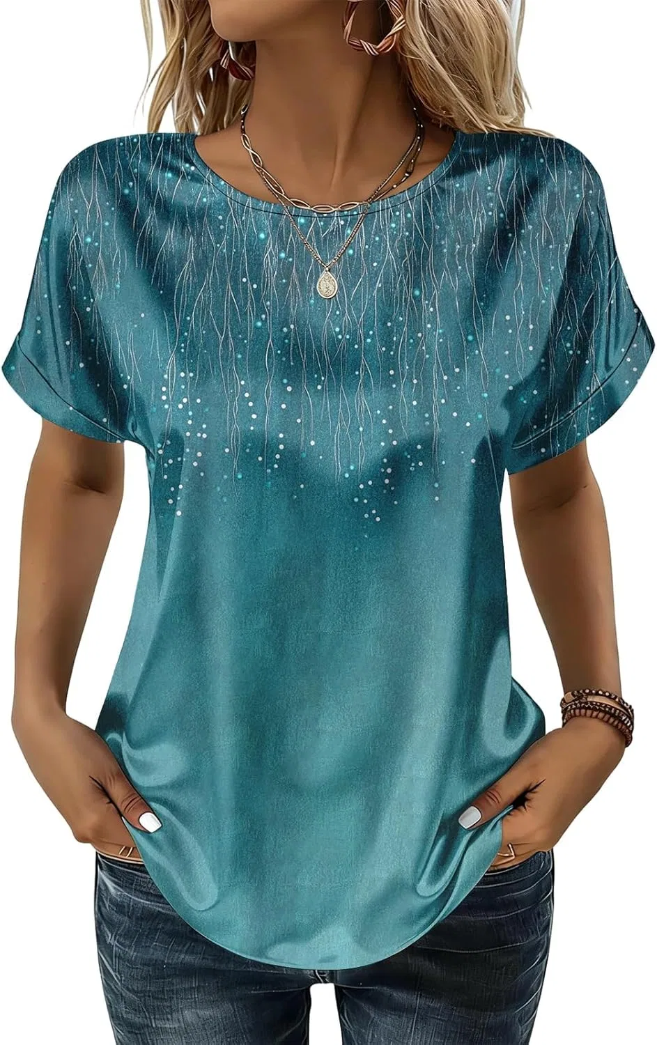Блуза из сатина с коротким рукавом, женская, повседневная, 4-blue
