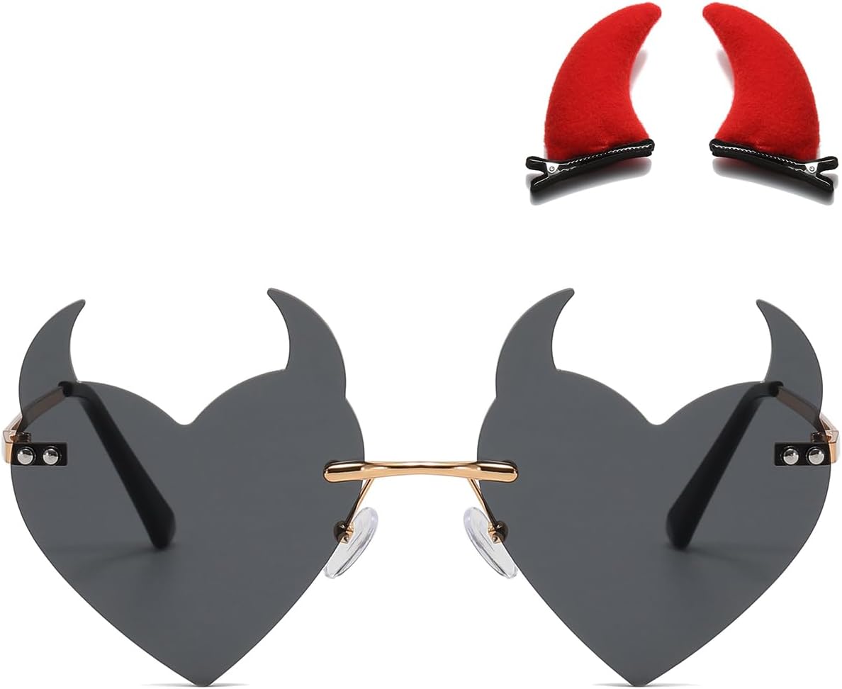 

Женские солнцезащитные очки в готическом стиле с рогами и сердцем, без оправы, в стиле панк 90-х, модные очки с сердечками для вечеринок и фестивалей, цветные солнцезащитные очки D Lolylad, Goth/Black