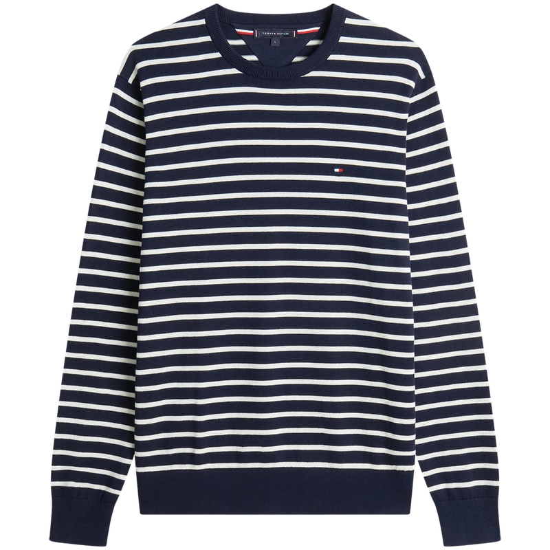 

Tommy Hilfiger Трикотажный свитер мужской Navy Blue с белыми полосками 0A5, круглый вырез, умеренная посадка