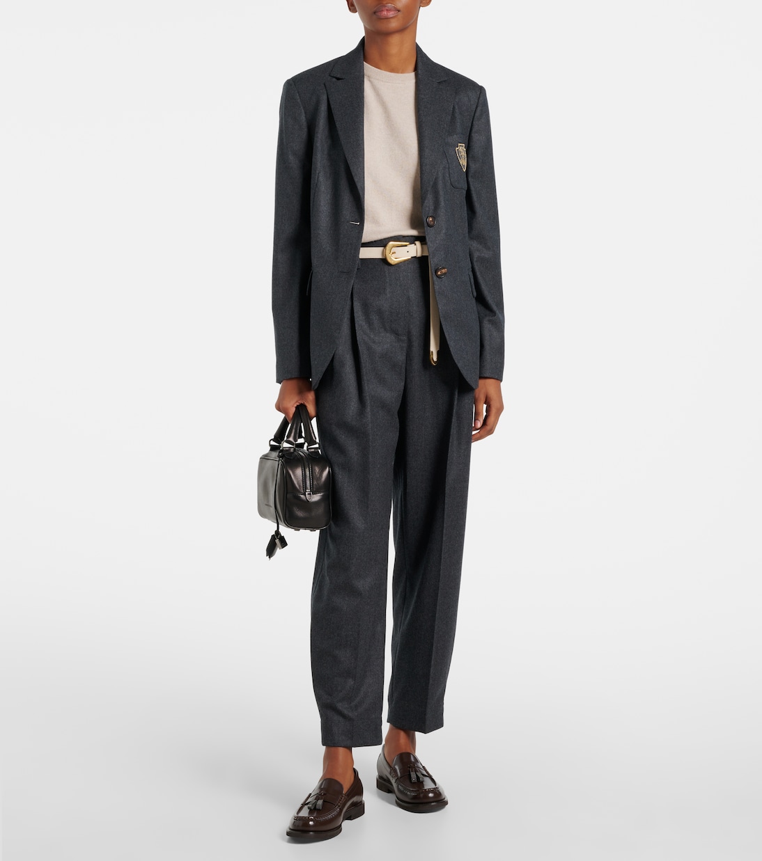 Прямые шерстяные брюки Baggy Sartorial с высокой талией Brunello Cucinelli, Dark Grey — фото 2