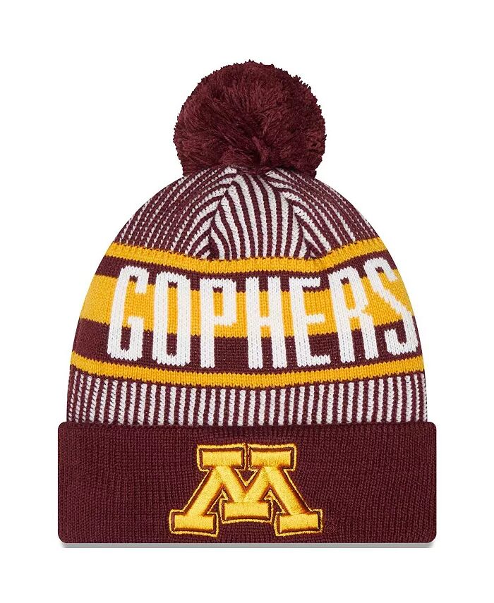 

Мужская темно-бордовая вязаная шапка с логотипом Minnesota Golden Gophers в полоску и манжетами с помпоном New Era, красный