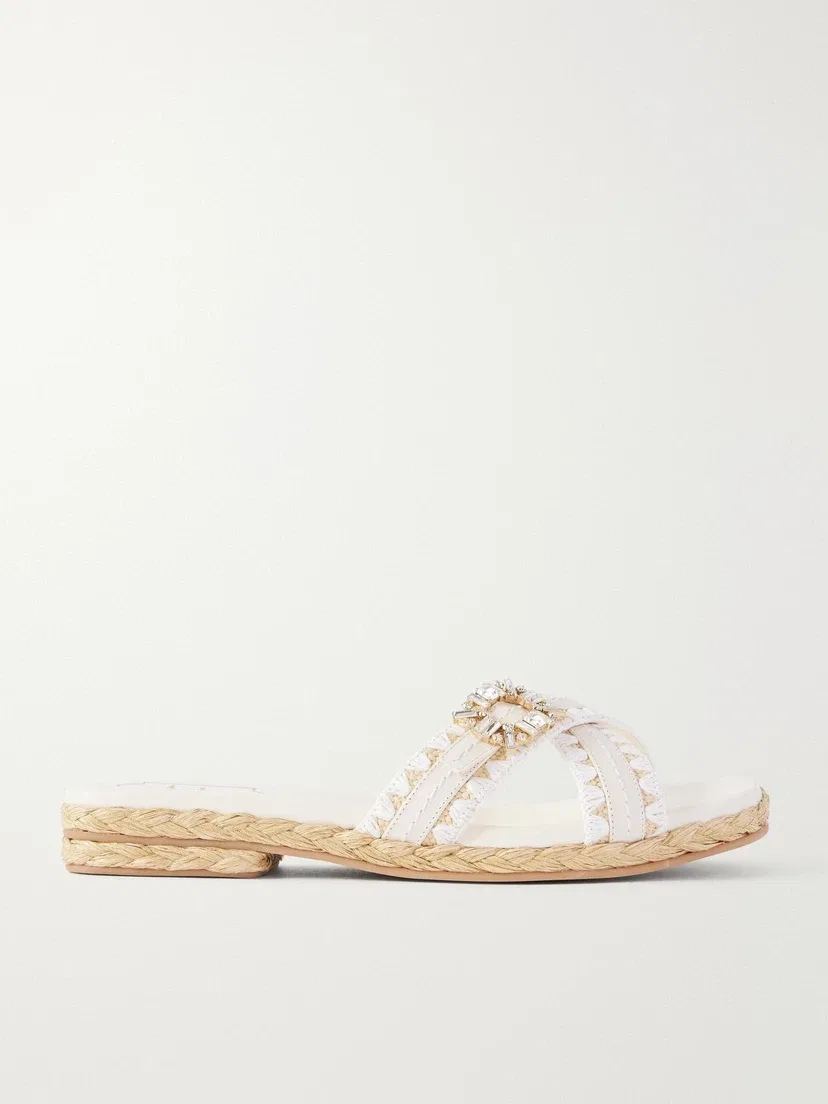 Шлепанцы из рафии Roger Vivier Strass с кристаллами и кожаной отделкой, белый