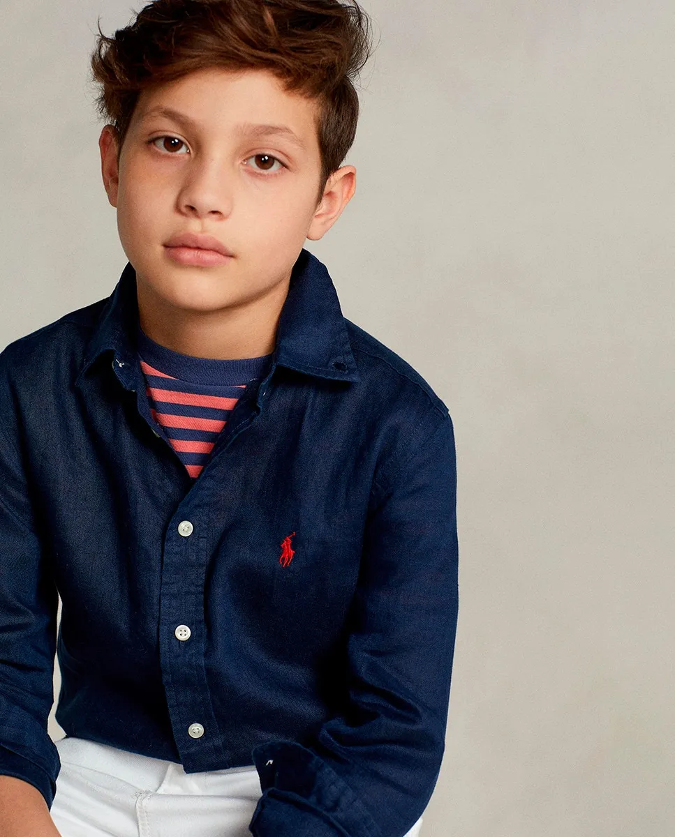 

Льняная рубашка для мальчика с длинными рукавами Polo Ralph Lauren, темно-синий