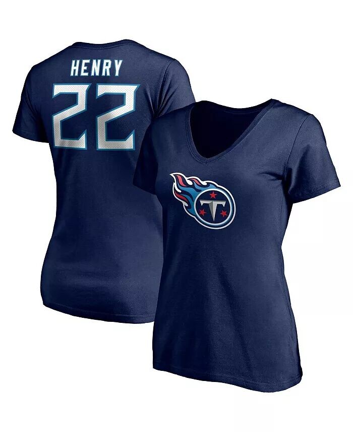 

Женская футболка Derrick Henry Navy Tennessee Titans со значком игрока с именем и номером и v-образным вырезом Fanatics