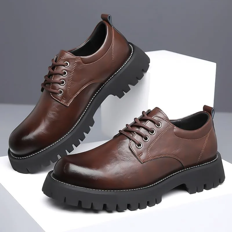 Men's Platform Oxford Shoes - Genuine Leather Slip-On Modern Formal Business Lace-Up with Heightening Effect Zentavi, коричневый — фото 4