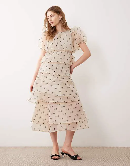 

Кремовое платье миди с объемными рукавами и рюшами в горошек Vila