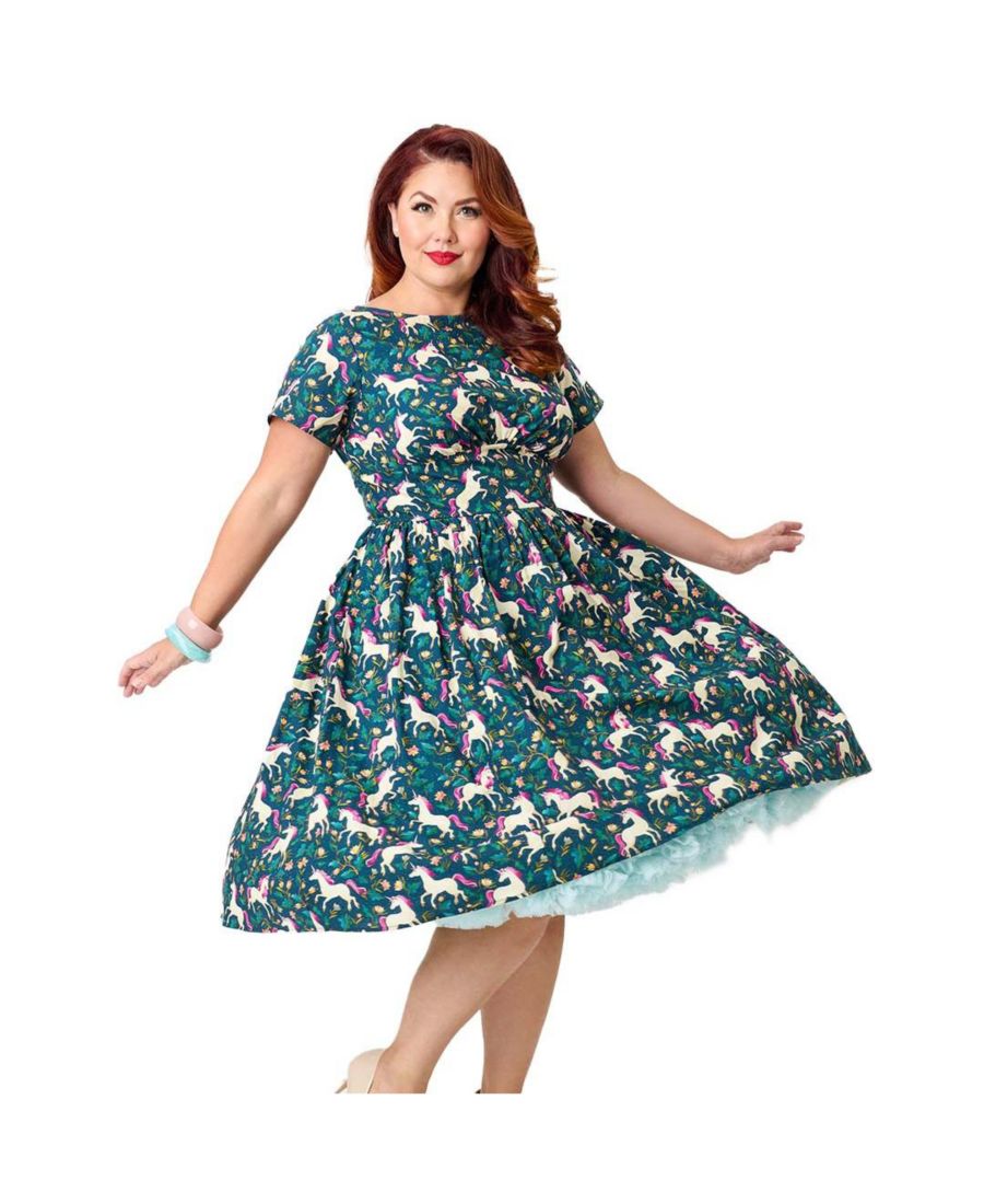 

Платье-трапеция большого размера с присборенной спинкой Unique Vintage, Navy unicorn print