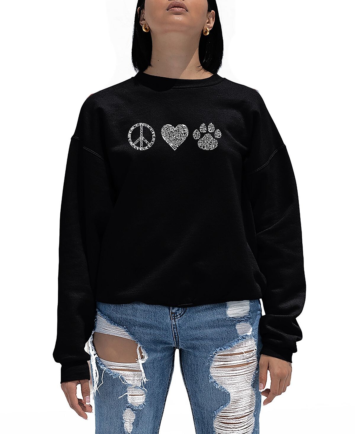 

Женский свитшот с круглым вырезом Peace Love Cats Word Art LA Pop Art, черный