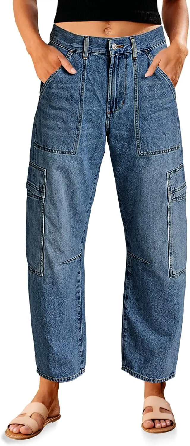 

PLNOTME женские джинсы-карго с высокой талией и 6 карманами