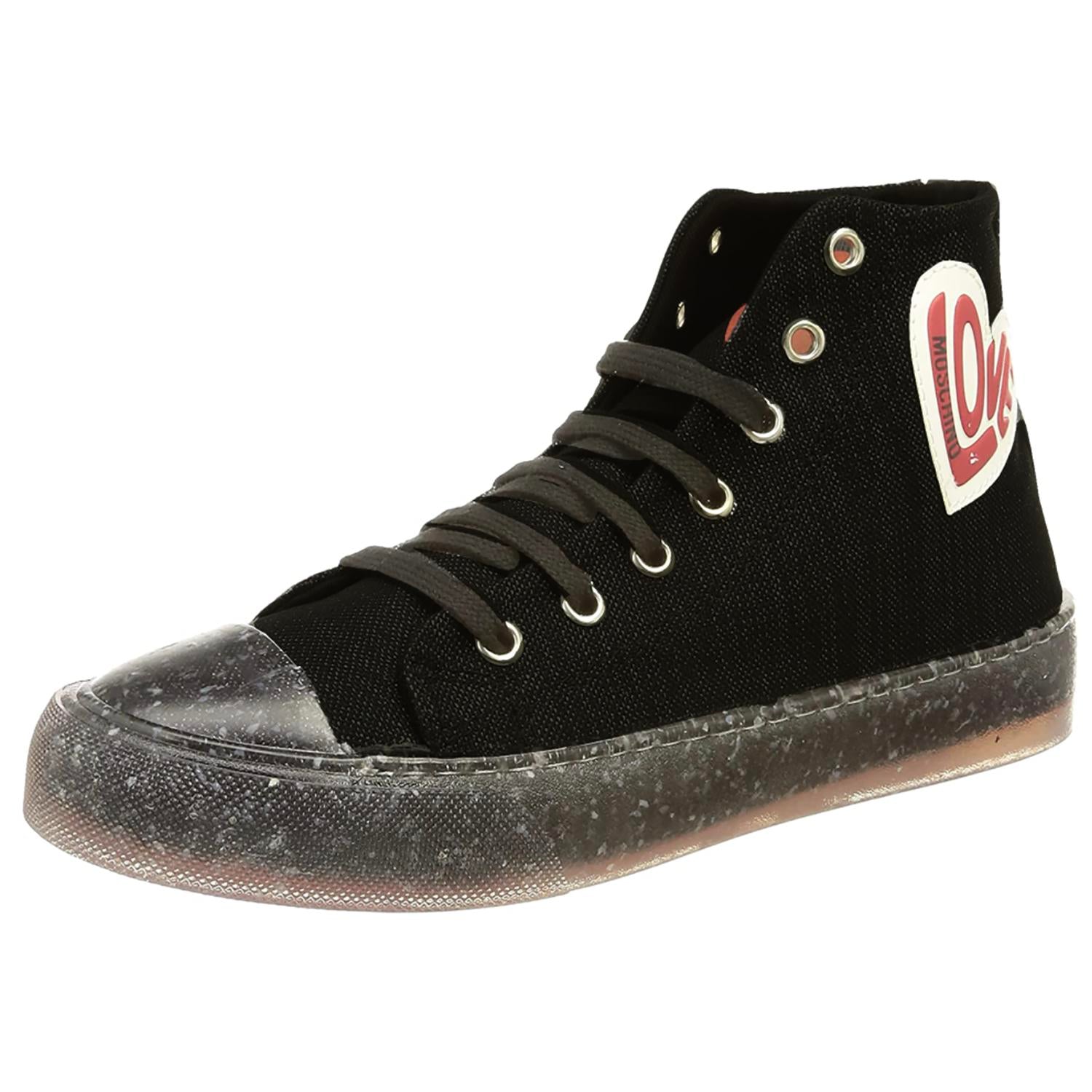 Женские холщовые высокие кроссовки Heart Lace Up Sneakers черного цвета Love Moschino