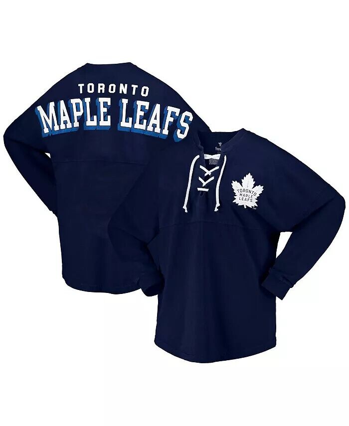 

Женская темно-синяя трикотажная футболка Toronto Maple Leafs Spirit на шнуровке с v-образным вырезом и длинными рукавами Fanatics