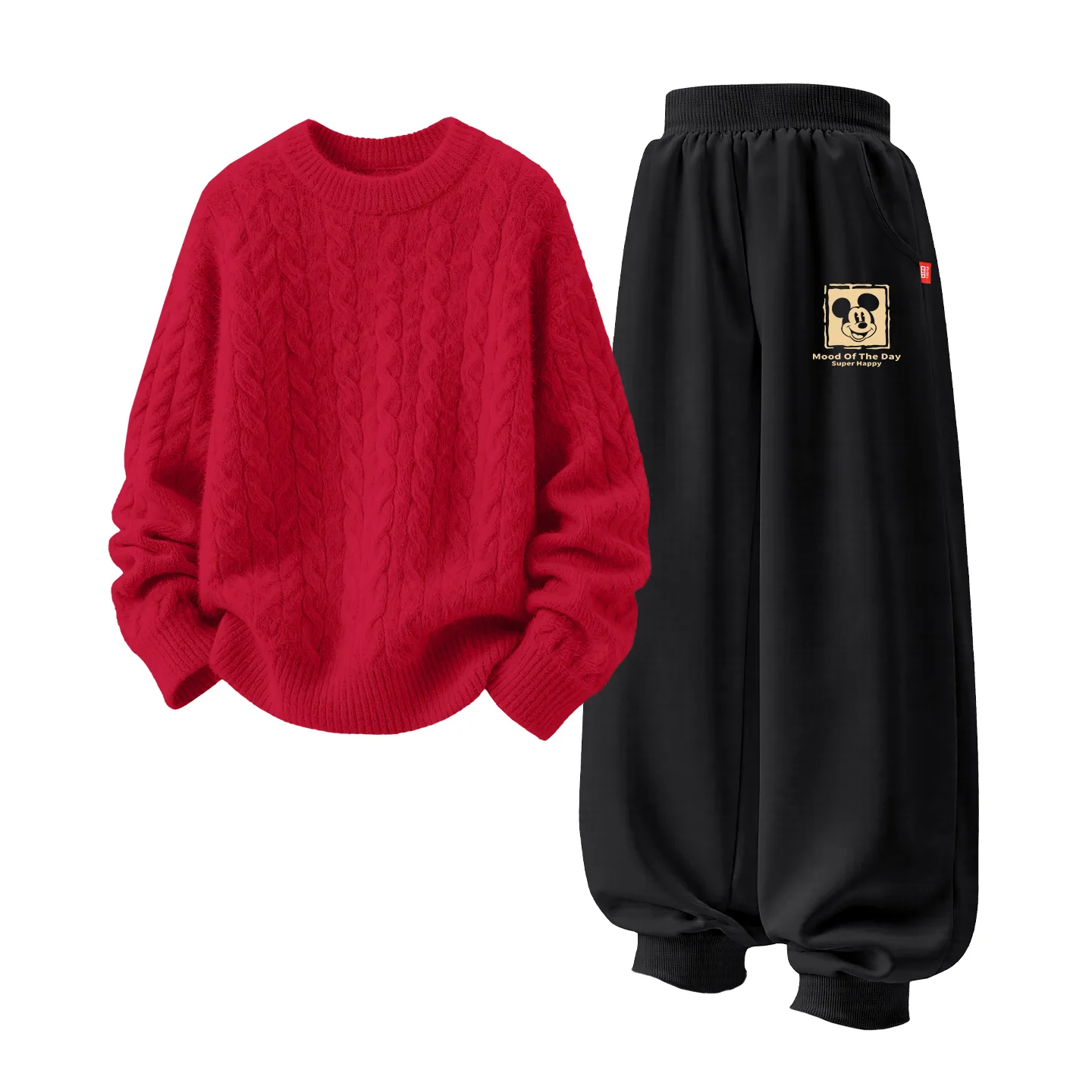 Disney Kids Tang Suits Crew Neck Moderate, [Thickened and Fleece-Lined]Solid Color Red+Dots and Checkered K Black