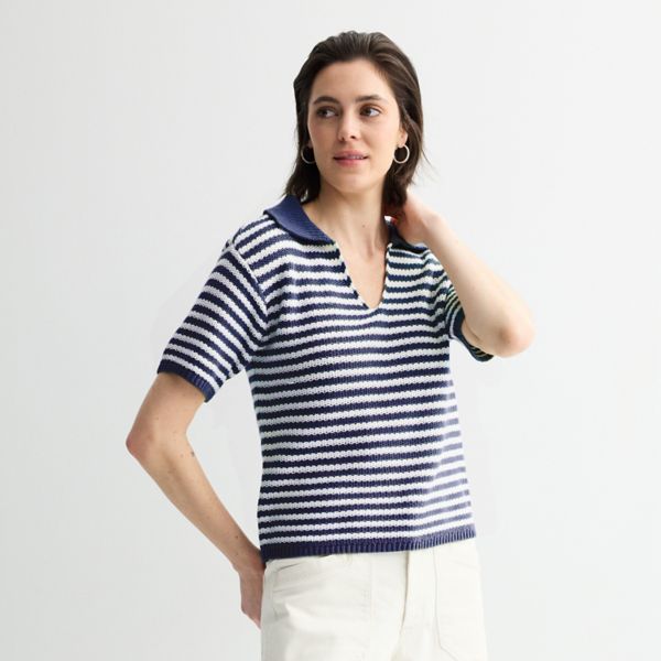 

Короткий вязаный жакет с воротником и короткими рукавами Sonoma Goods For Life, цвет white navy stripe