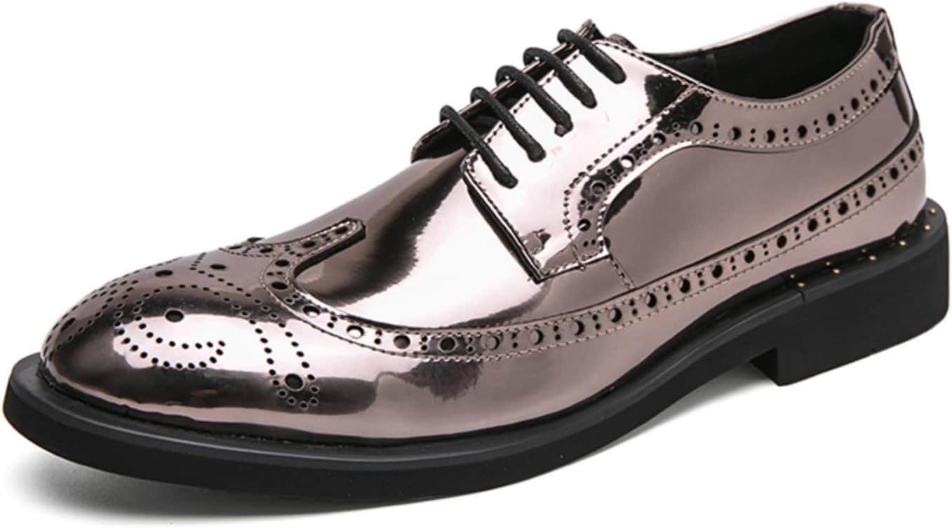 

Мужские броги-оксфорды из металлической розовой золоты - кожаные с зеркальной тисненой поверхностью, с контрастными черными шнурками, толстой амортизирующей подошвой и усиленным каблуком для свадьбы, официальных мероприятий или офиса Lshwcift