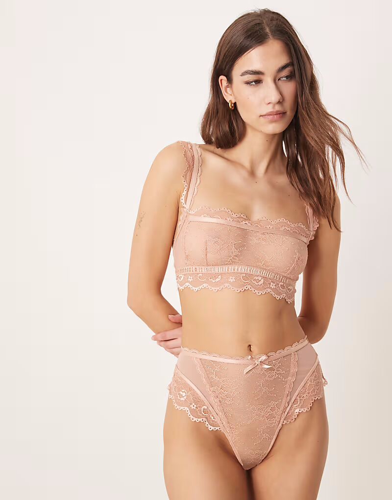 

Бразильские трусики-слипы с высокой талией и кружевом ASOS DESIGN персикового цвета