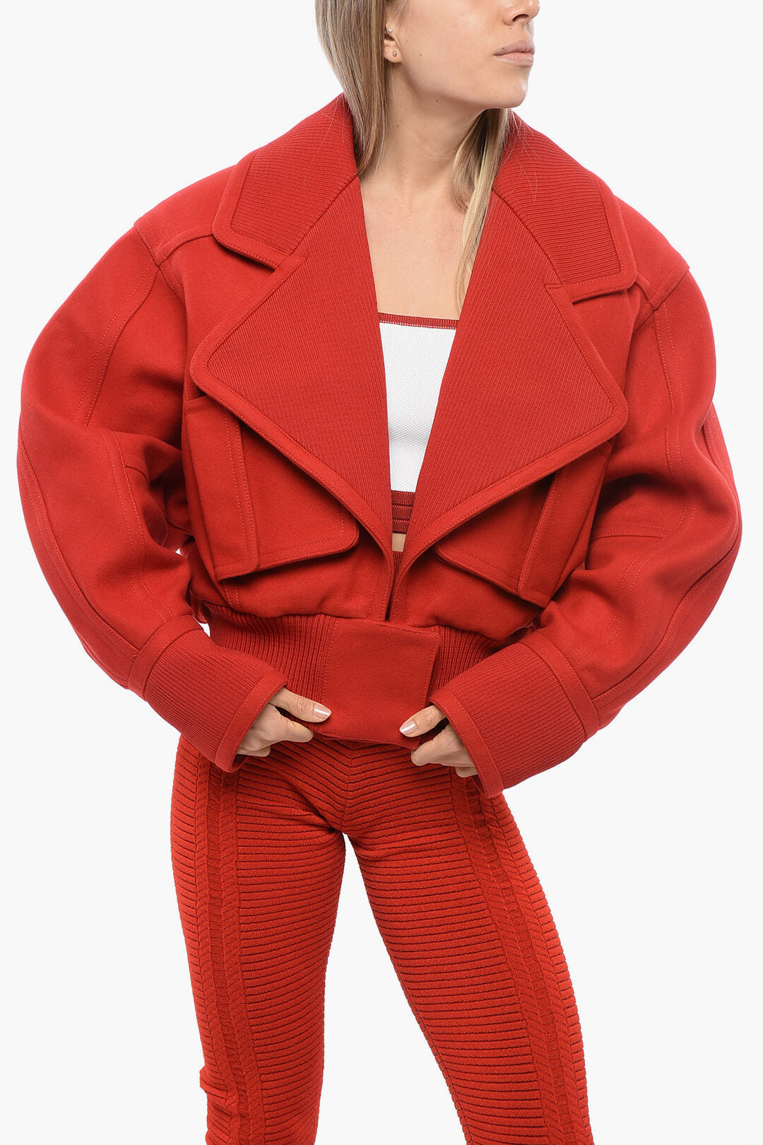 

Короткое пальто Balmain из смеси натуральной шерсти с макси-лацканами, красный