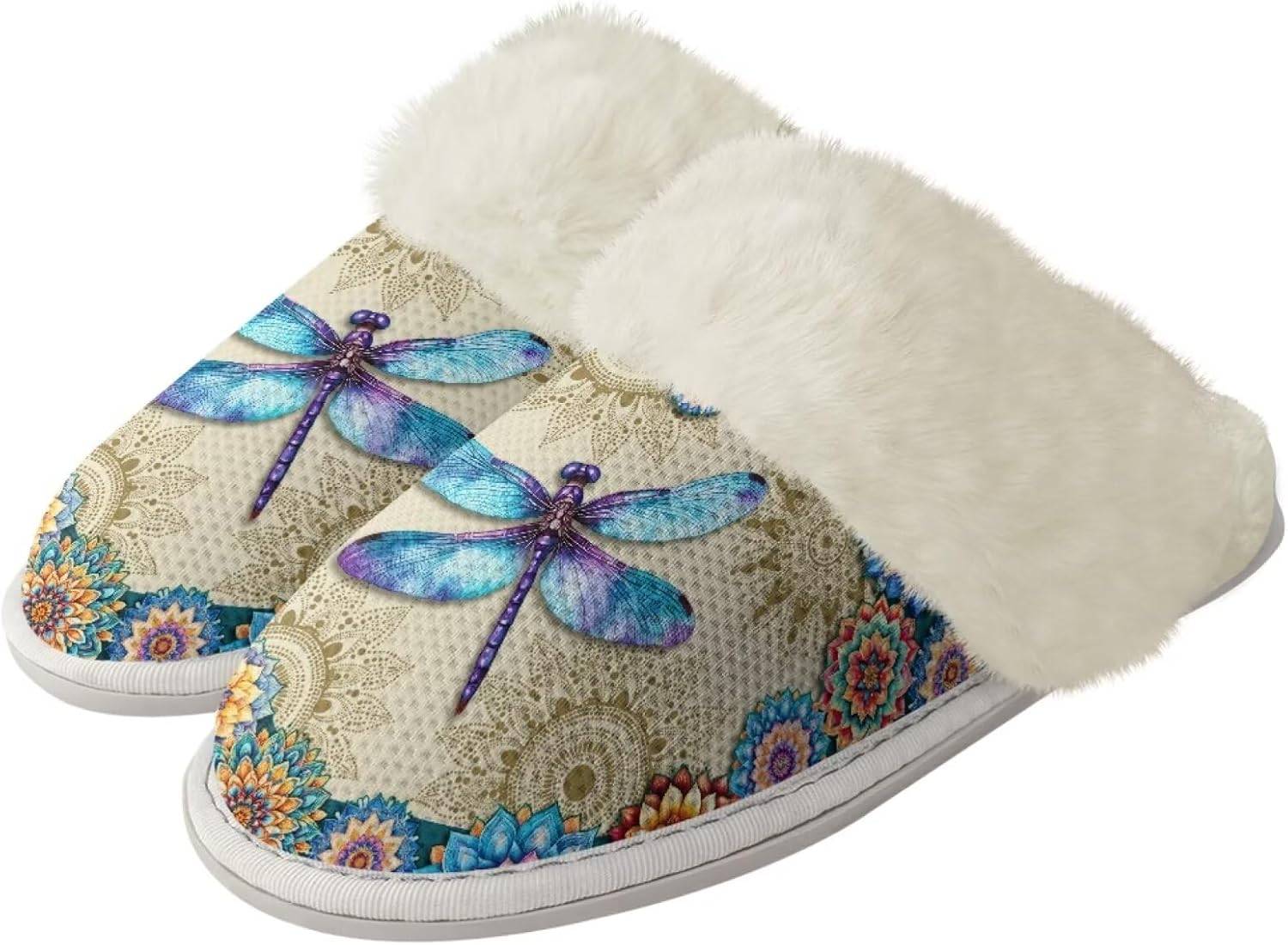 

Женские пушистые тапочки xixirimido с искусственным мехом, мужские противоскользящие домашние тапочки для дома и улицы, Boho Flower Dragonfly