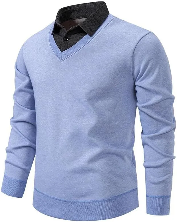 Мужской вязаный свитер slim fit с отложным воротником и флисовой подкладкой — фото 2