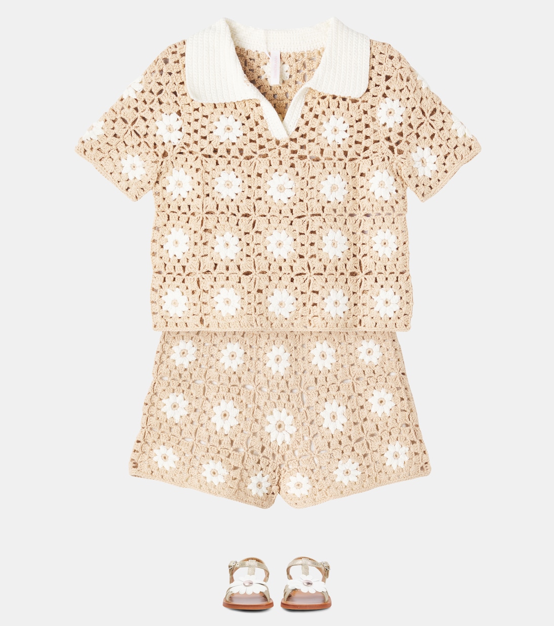 Каскадская цветочная поло из хлопка с вязаными элементами Zimmermann Kids, Natural/Ivory — фото 2