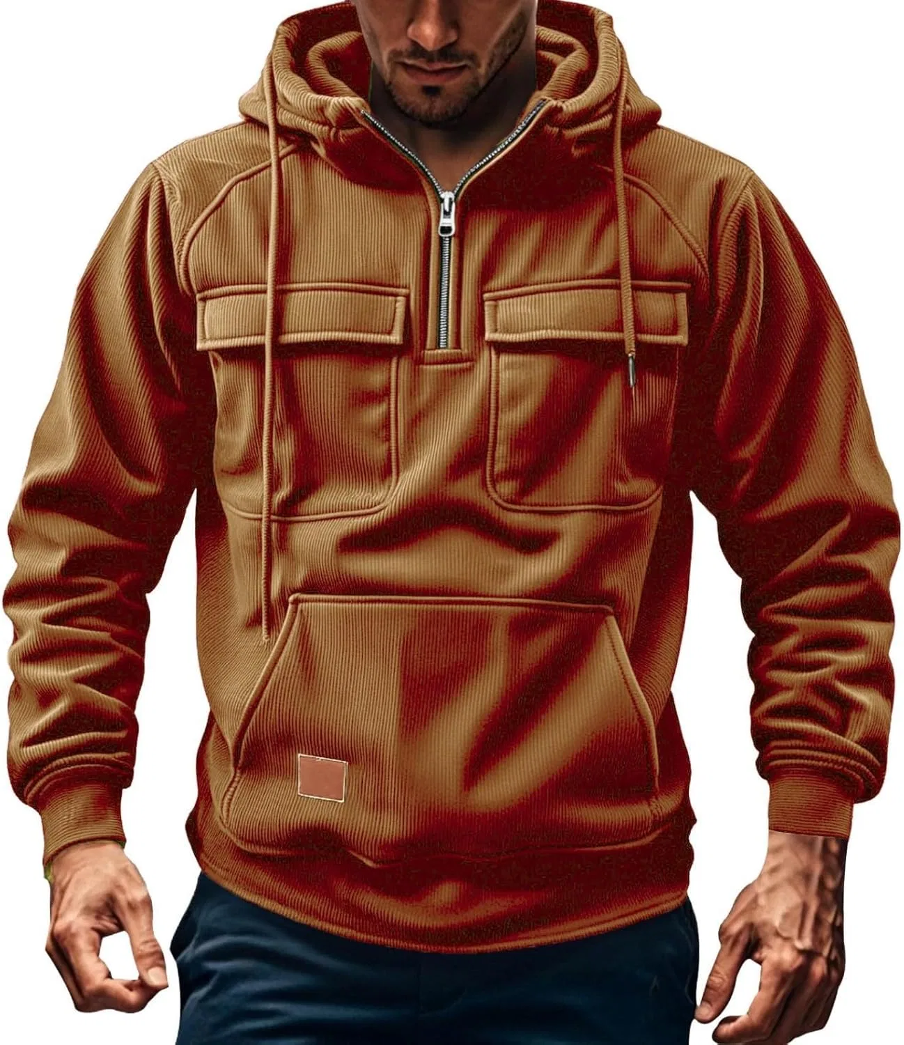 Мужская худи с капюшоном Corduroy, четверть-застежка, карманы, B-orange — фото 3