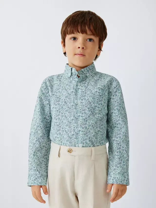 Детская рубашка с длинными рукавами и цветочным принтом, синяя John Lewis Heirloom Collection
