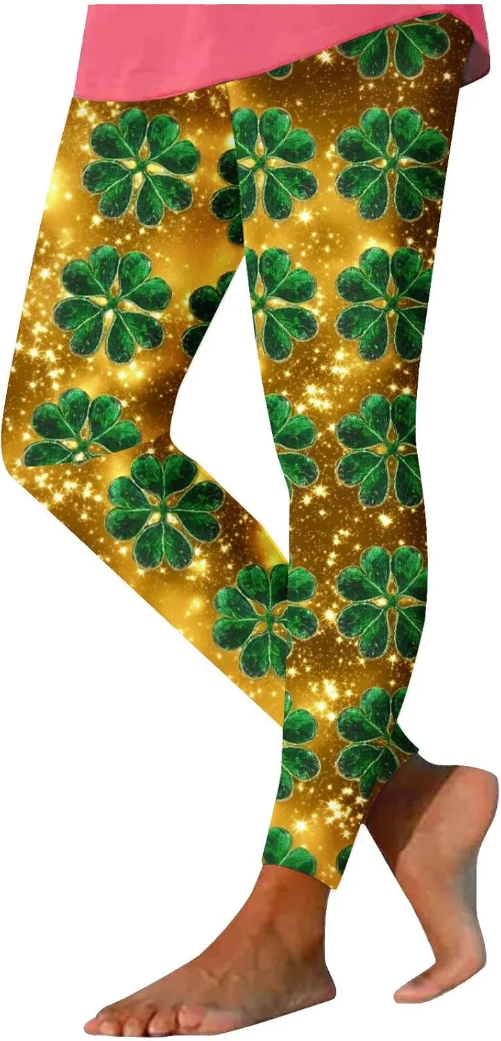 Generic Леггинсы St Patricks Day женские повседневные с трилистником, ирландские зеленые брюки с поддержкой живота для тренировок, йоги и активного отдыха