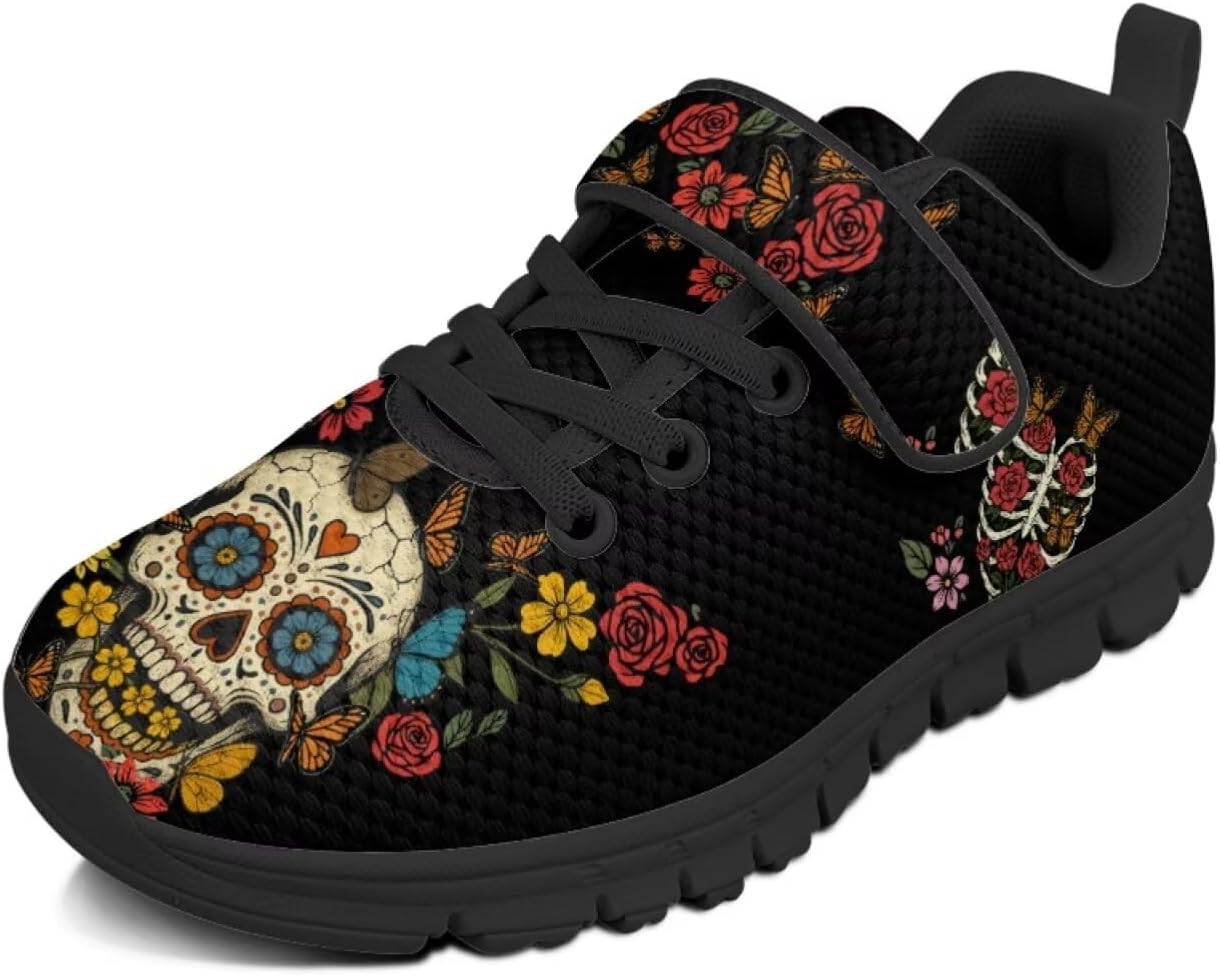 

Детские кроссовки Pointodoor с принтом радуги и пламени для мальчиков и девочек, прогулочные, нескользящие, легкие, дышащие, спортивные, для бега и тенниса, на липучках, Hippie Skull Flower