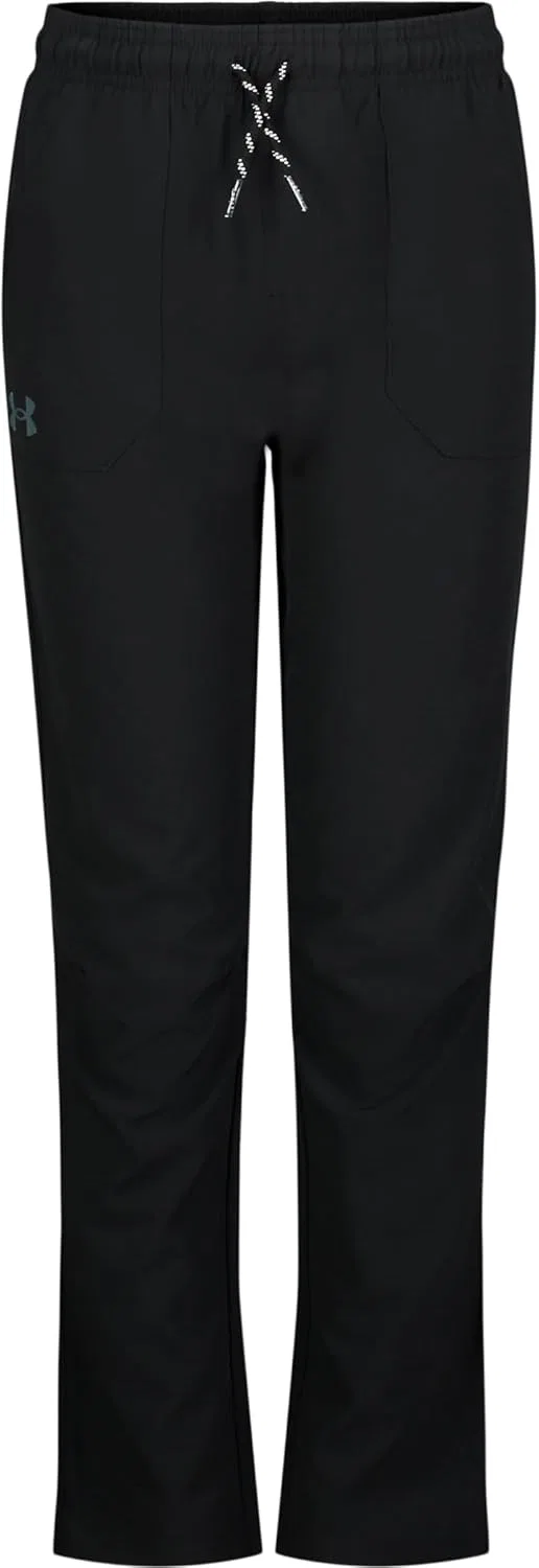 Детские технологичные брюки Under Armour Woven Tech Pants, эластичная ткань, растягивающаяся в четырех направлениях, и застежка на шнурке, коллекция Outdoor, Black Tech