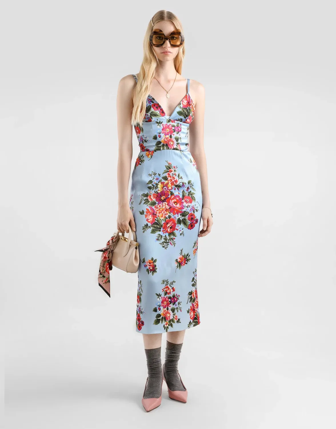Атласное платье с принтом в виде букета цветов DOLCE & GABBANA, голубой — фото 2