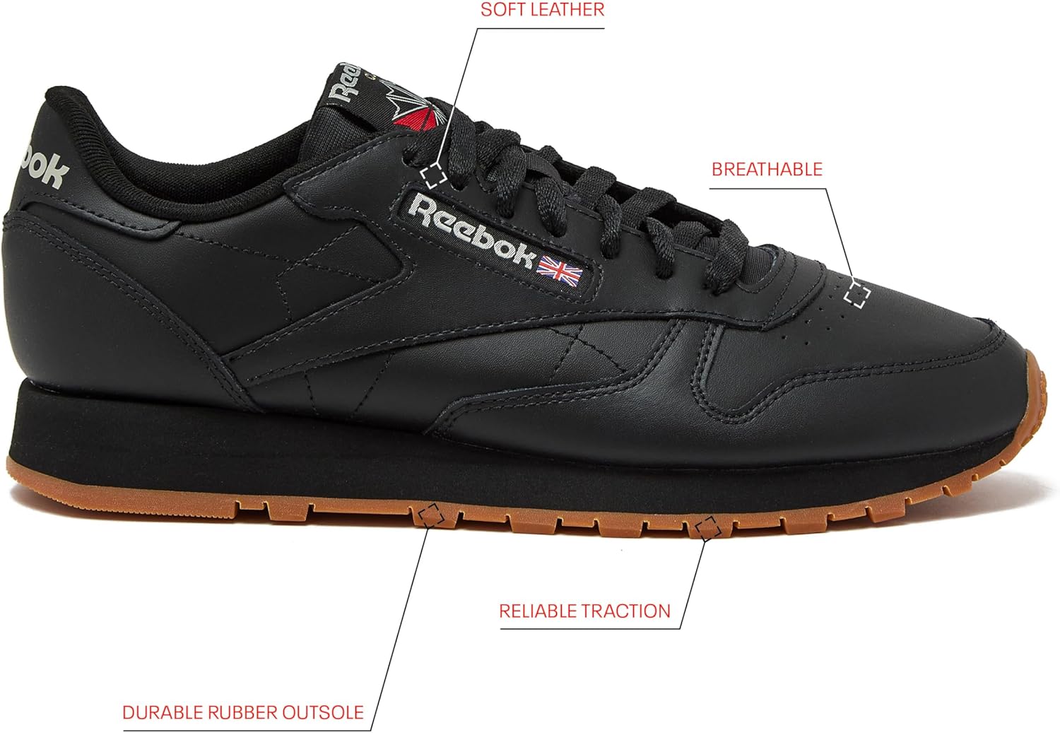 Кроссовки Reebok Classic Leather для мужчин, черный/серый — фото 2