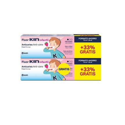 

Детская зубная паста Fluor со вкусом клубники 2x75 мл + 25 мл Kin