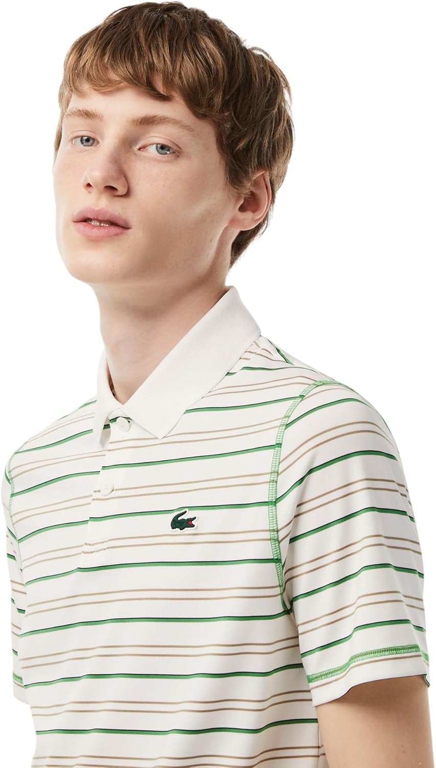 Поло для гольфа Lacoste, спортивное, из переработанного полиэстера, полоска Flour/Lion Green/Navy Blue — фото 2
