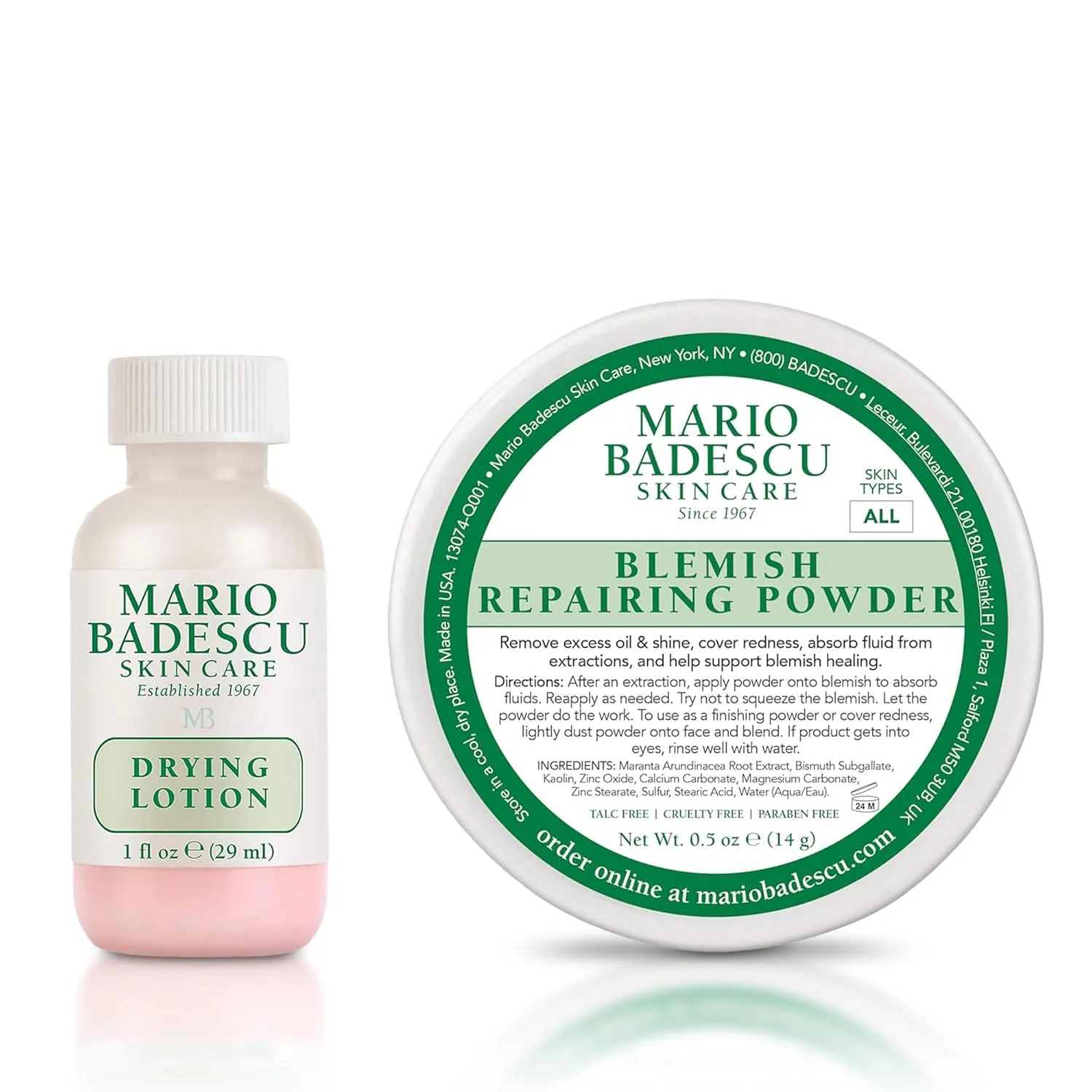 Набор Mario Badescu Drying Lotion и Blemish Repairing Powder | Быстродействующее средство для точечного ухода и пудра для контроля жирности | С салициловой кислотой, серой, оксидом цинка | Уменьшает покраснения, маскирует несовершенства