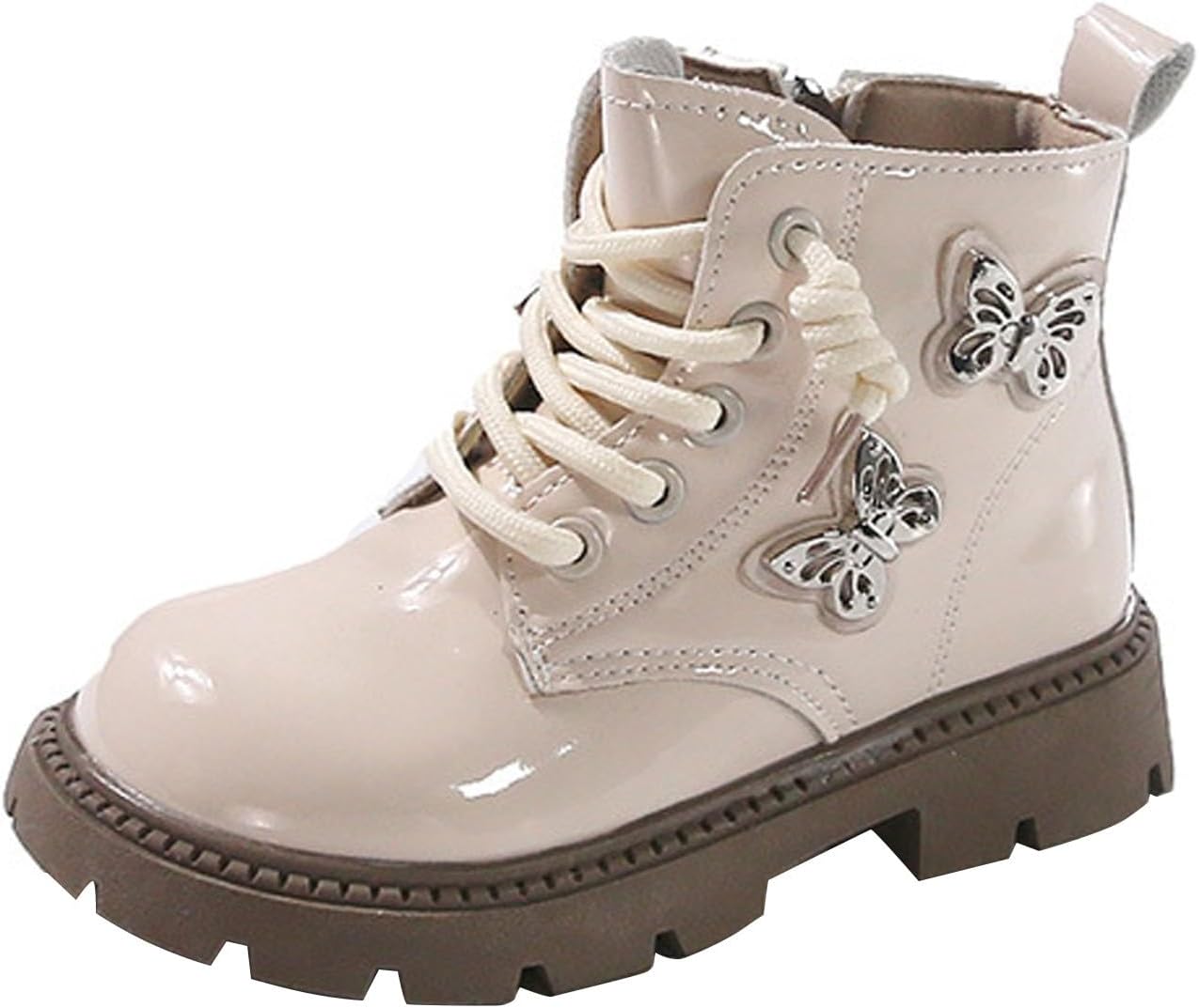 

Детские девочковые боевые ботинки на шнуровке с бабочкой, подошва с протектором, нескользящие, водонепроницаемые ботильоны на зиму, модные ботильоны Generic, Beige