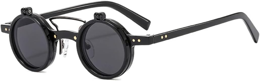 

Солнцезащитные очки для мужчин и женщин - защита UV400 - маленькие круглые панк-очки с двойной перемычкой и откидными линзами для занятий спортом на открытом воздухе и вождения DSVIGF, Black Grey