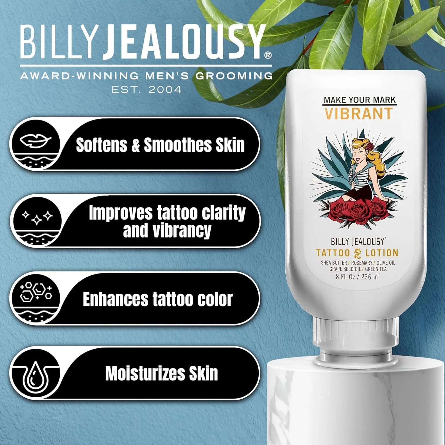 Billy Jealousy лосьон для тату для всех типов кожи с маслом ши, эфирными маслами и экстрактом зеленого чая, уход после татуировки, который питает, осветляет и успокаивает 226.80 г (1 шт.), white — фото 3