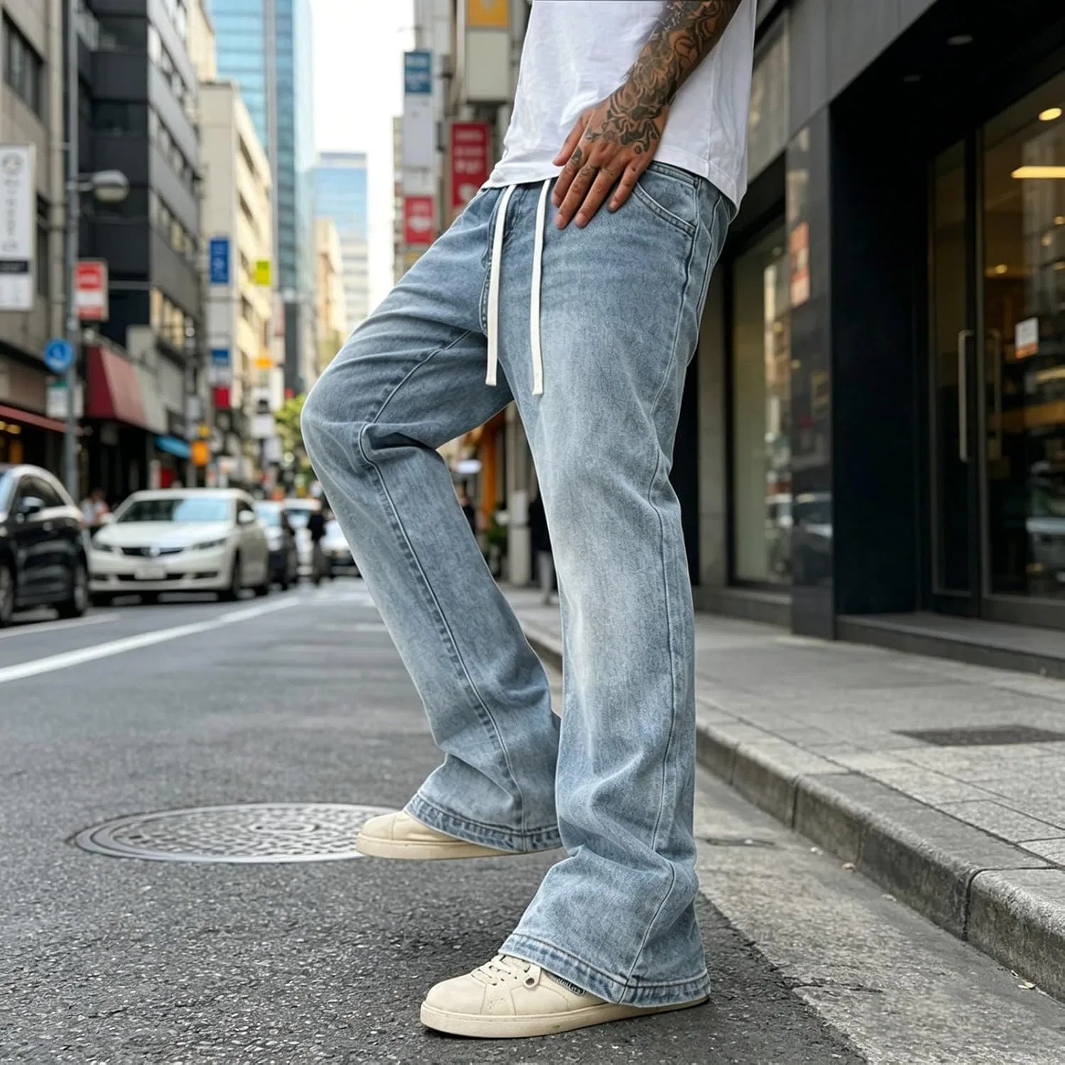 Джинсы клеш, светло-голубые, Men's Flared Jeans Stretch Slim Fit Y2K Drawstring Denim Pants for Youth Trendy Lightweight Straight Leg Modern Streetwear — фото 2