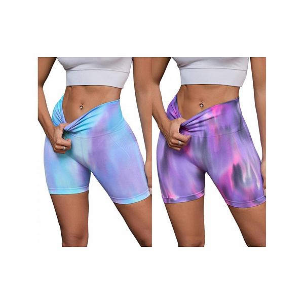 

2 пары женских шорт с высокой талией в технике тай-дай для тренировок Inspire Chic, Blue Purple Purplepink