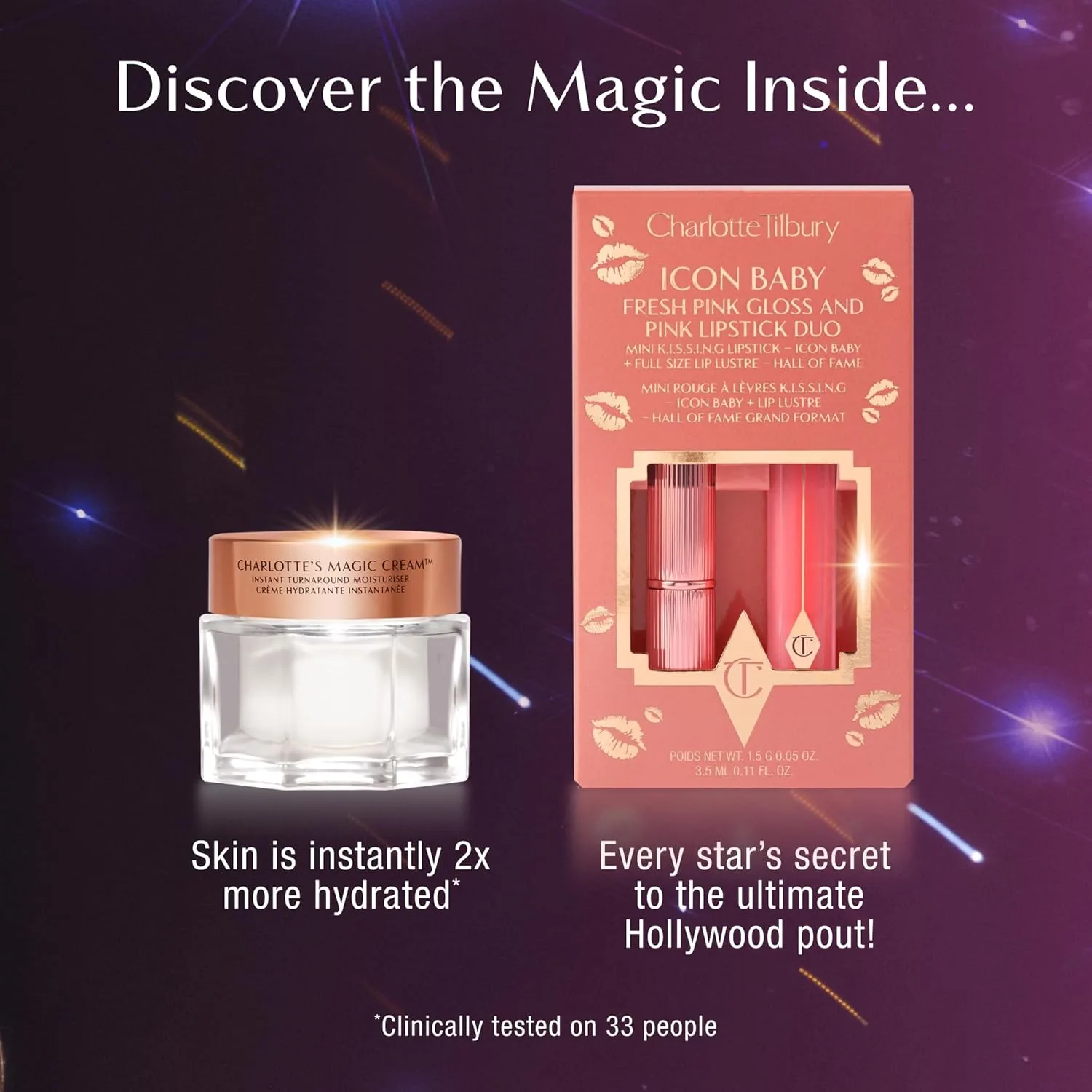 Charlotte Tilbury Magic Cream Duo с набором Icon Baby Lip - 2 увлажняющих крема с пептидами 30 мл + мини-помада и блеск для губ - набор для ухода и макияжа, pink — фото 2