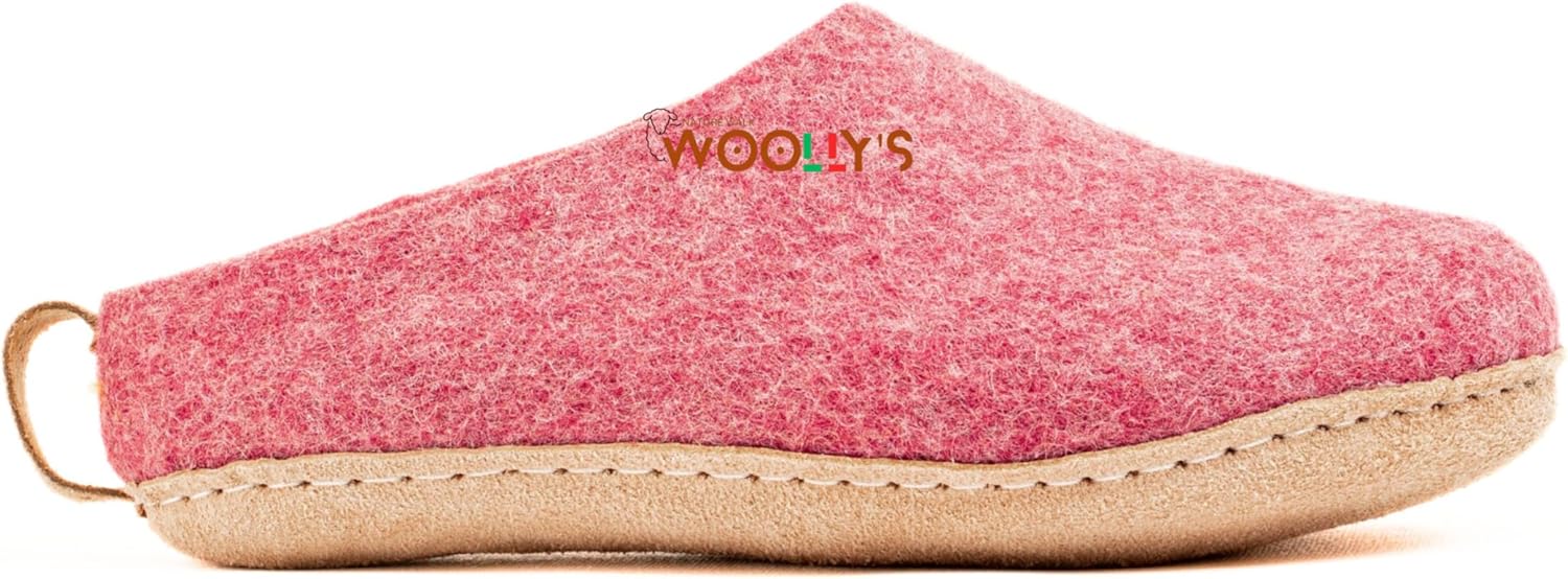 

Домашние тапочки с открытой пяткой Woolly и кожаной подошвой, Премиальная новозеландская шерсть, Ручная работа с итальянским дизайном, Мягкие, дышащие и не имеющие запаха Woolly'S, розовый