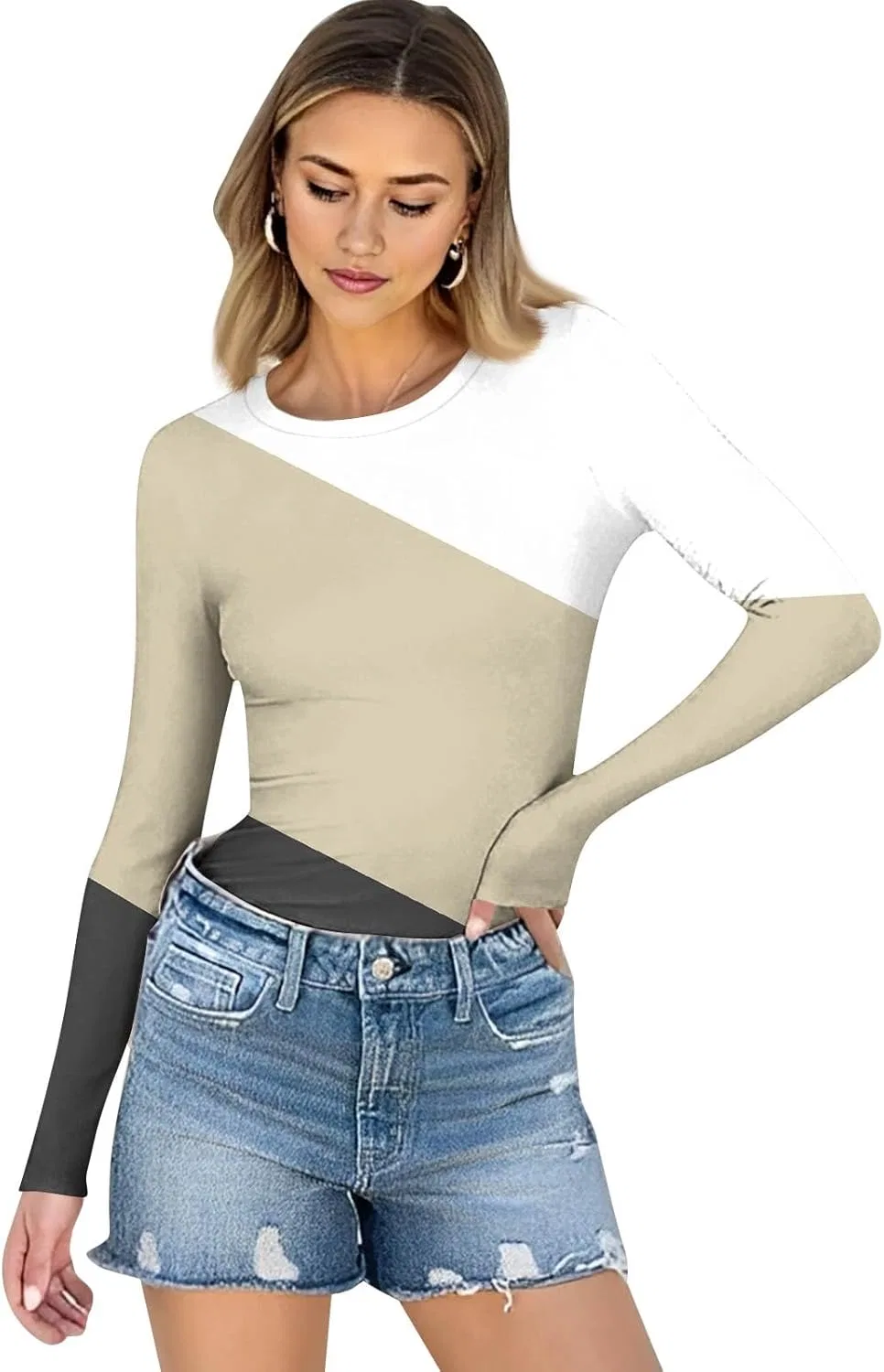 Женская футболка с длинным рукавом, в полоску, 4-khaki — фото 4