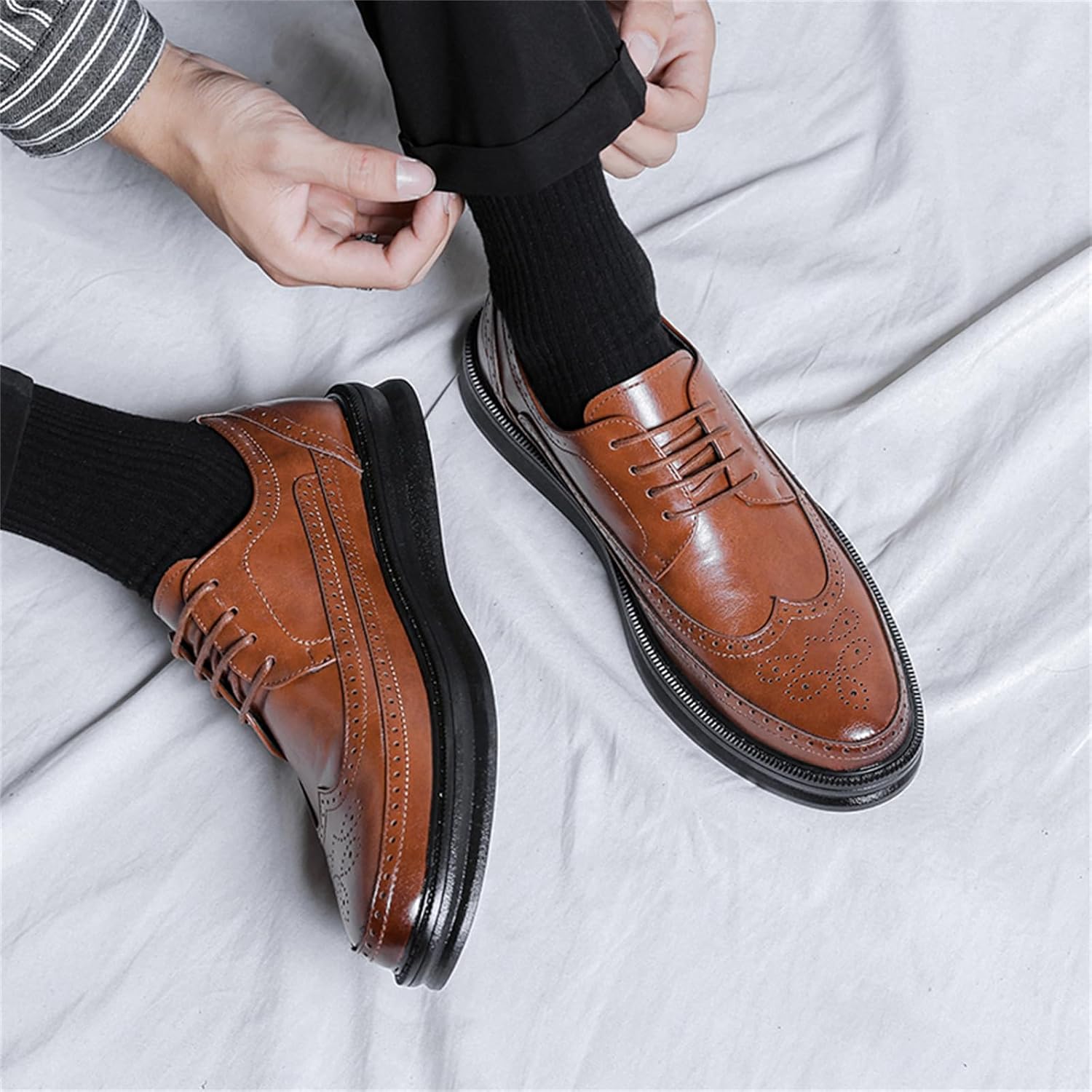 Мужские кожаные оксфорды с перфорацией Wingtip, дышащие, на шнуровке, с противоскользящей резиновой подошвой, ортопедическим комфортом для деловой одежды Jhfdioy, коричневый — фото 2