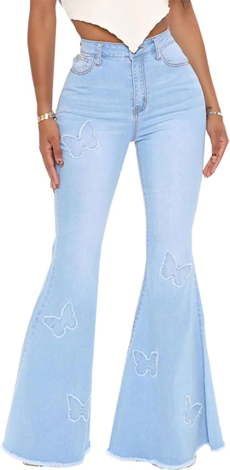Джинсы клеш с бахромой, женские, светло-голубой