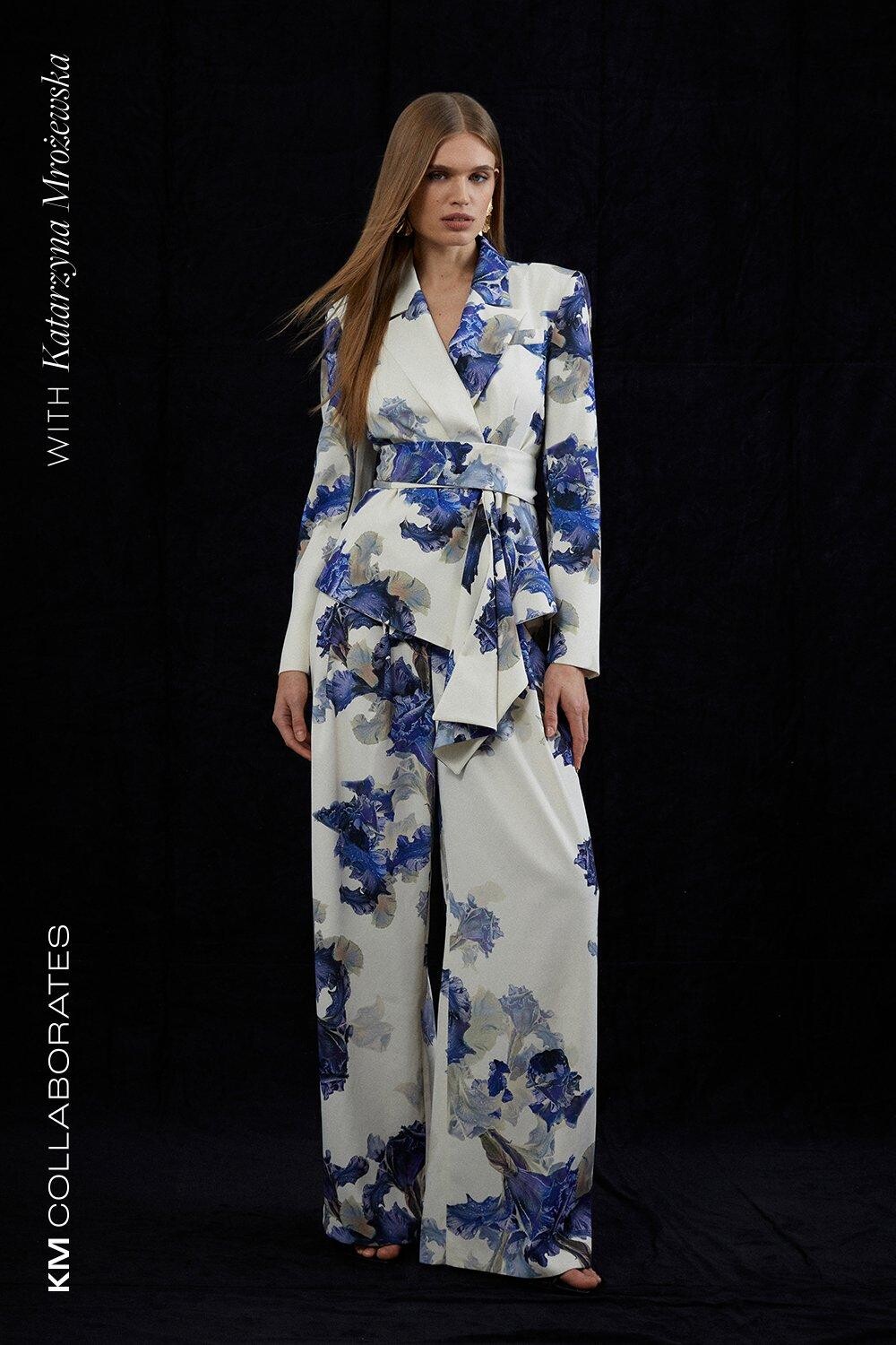 

Широкие брюки со складками из крепа с принтом на заказ Karen Millen, мультиколор