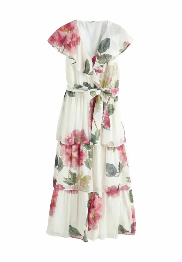 Платье Next Regular fit occasion ruffle v neck midi dress, цветочный принт экрю