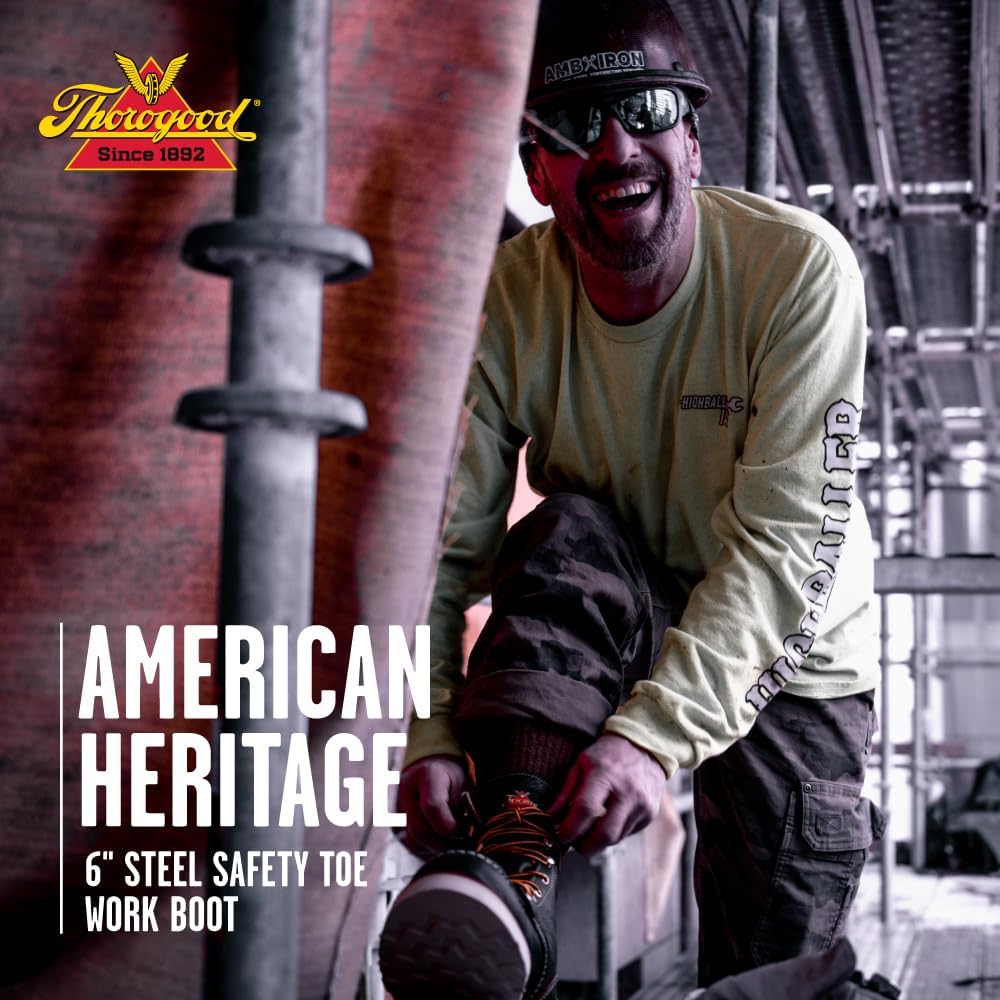 Ботинки Thorogood American Heritage с стальным носком 6 для мужчин - из цельнозернистой кожи с Мок-Тоу, противоскользящей подошвой клиновидной формы и комфортной стелькой; сертифицированы по стандарту EH, черный — фото 2
